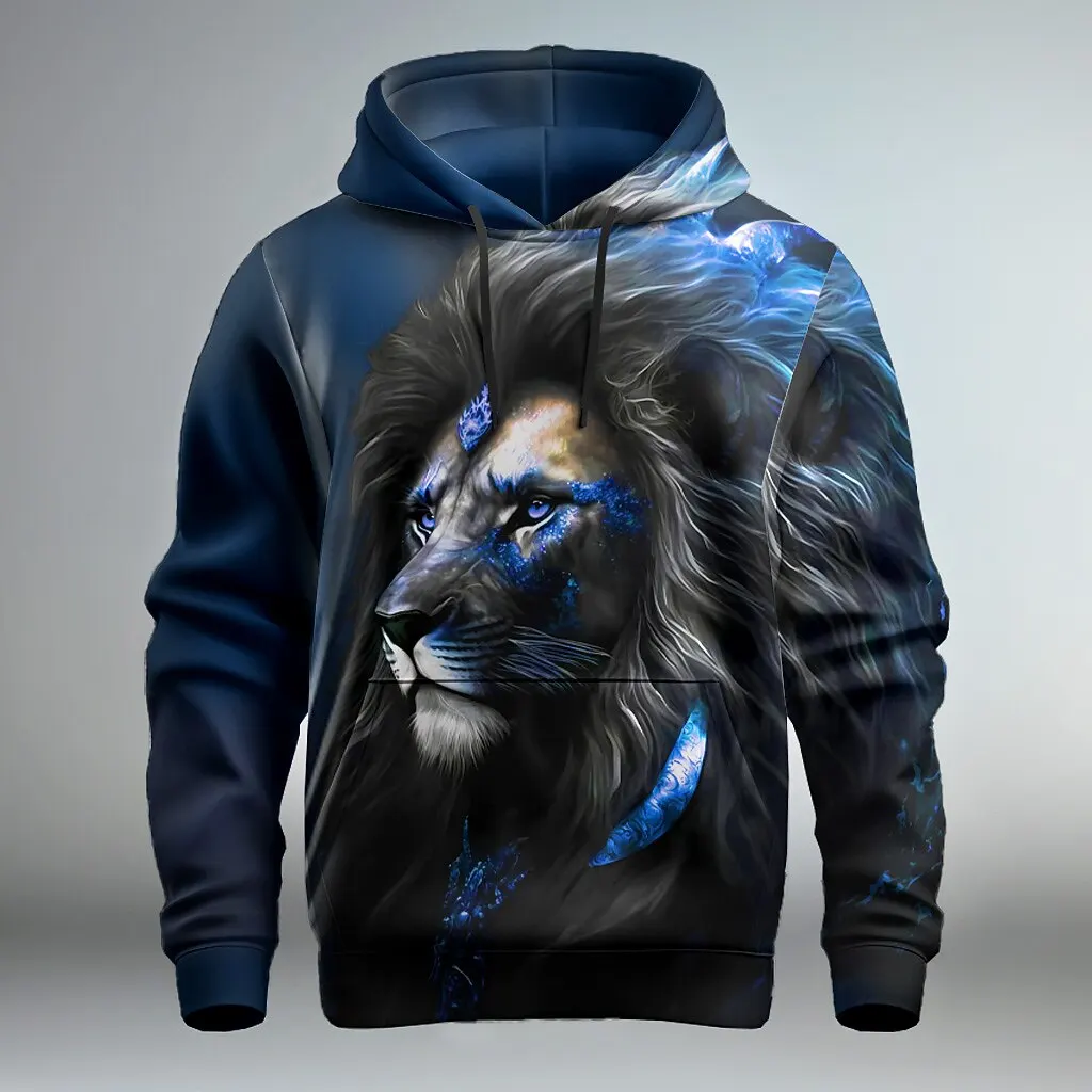 Fashion Cool Lion Pattern Men's Hoodies 3D Print Stylish Animal Graphic Long Sleeved Pullover Autumn Winter Daily Casual Clothes