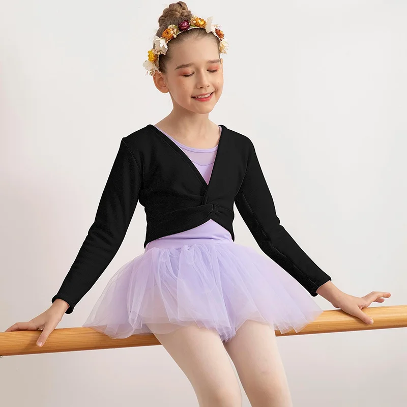 ﻿   Justaucorps de danse de Ballet à manches longues et col en v pour filles, Cardigan enveloppant de danse de gymnastique pour enfants, hauts avec pull de danse intérieure en velours