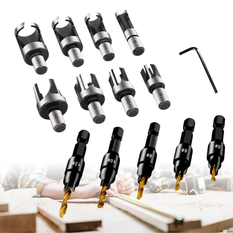 

14Pcs Countersink Drill Bit High Speed Steel Cork Dowel Shank Drill Bit Knife Wood Plug Cutter Tool Drill Bits for Woodworking