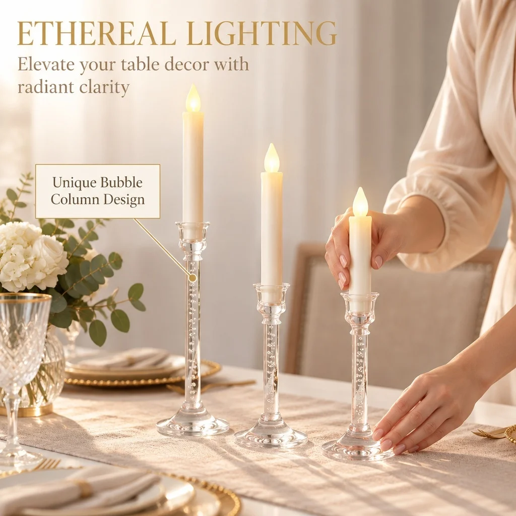 3Pcs Tulip Rim Acrylic Candle Holders, Enclosed Bubble Column, Clear Tall Candlesticks, Table Centerpiece for LED Taper Candles