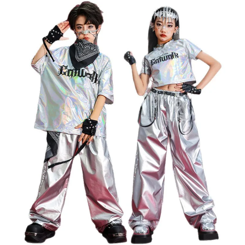 

Hip Hop Boys T-shirt Street Dance Silver Pants Girls K-pop Shiny Joggers Kids Jazz Clothes Set Child Summer High-tech Streetwear
