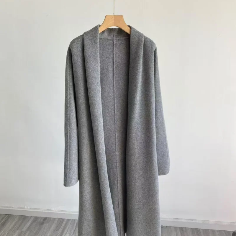 

2025 New Women Winter Long Turn - down Collar Double-sided Wool Woat winth Sashes