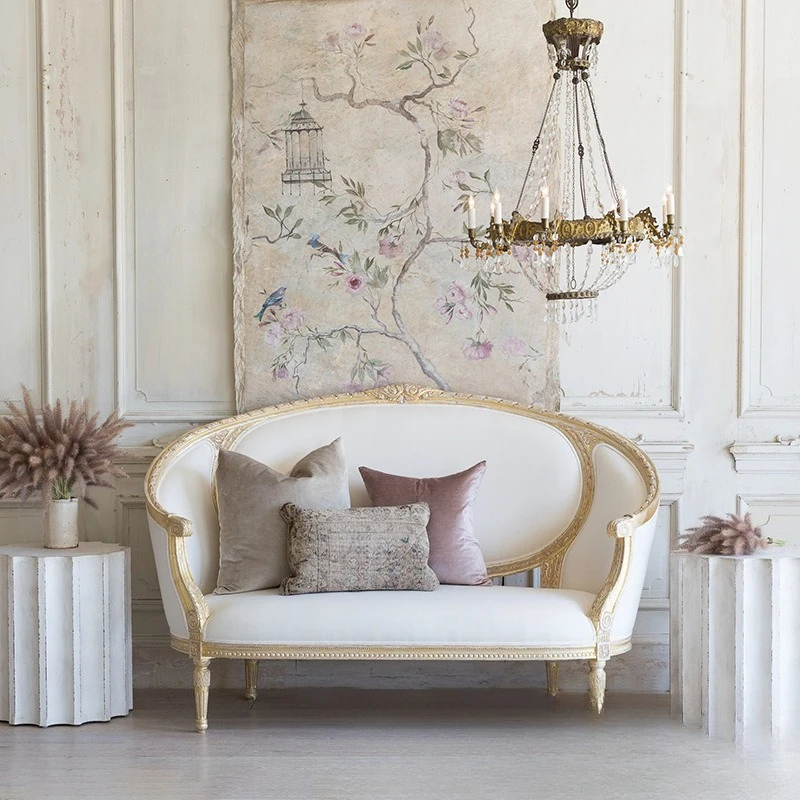 American neoclassical carved solid wood soft bag double sofa, French retro old gold solid wood three-person sofa