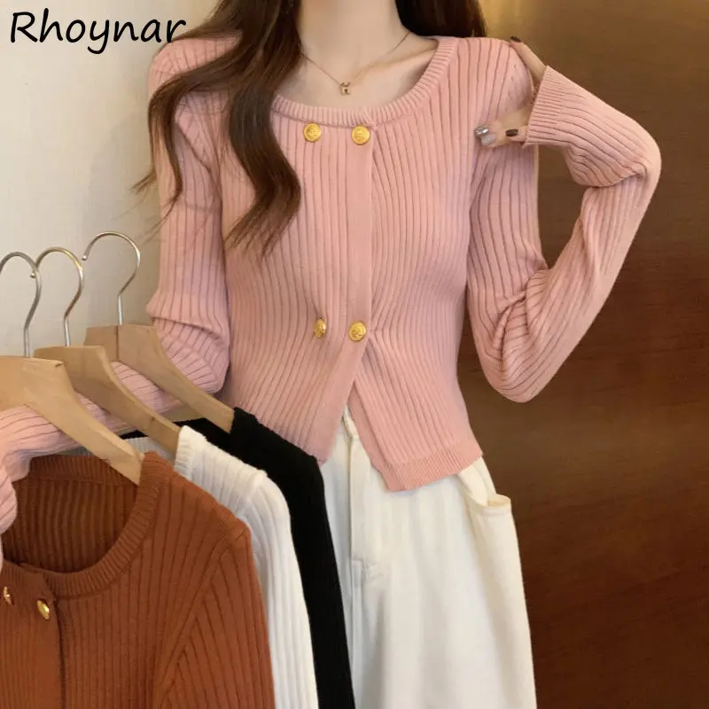 

O-neck Cardigans Women Gentle 4 Colors Korean Style Office Lady Cozy Double Breasted Basic Warm Cropped Knitwear Literary Sweet