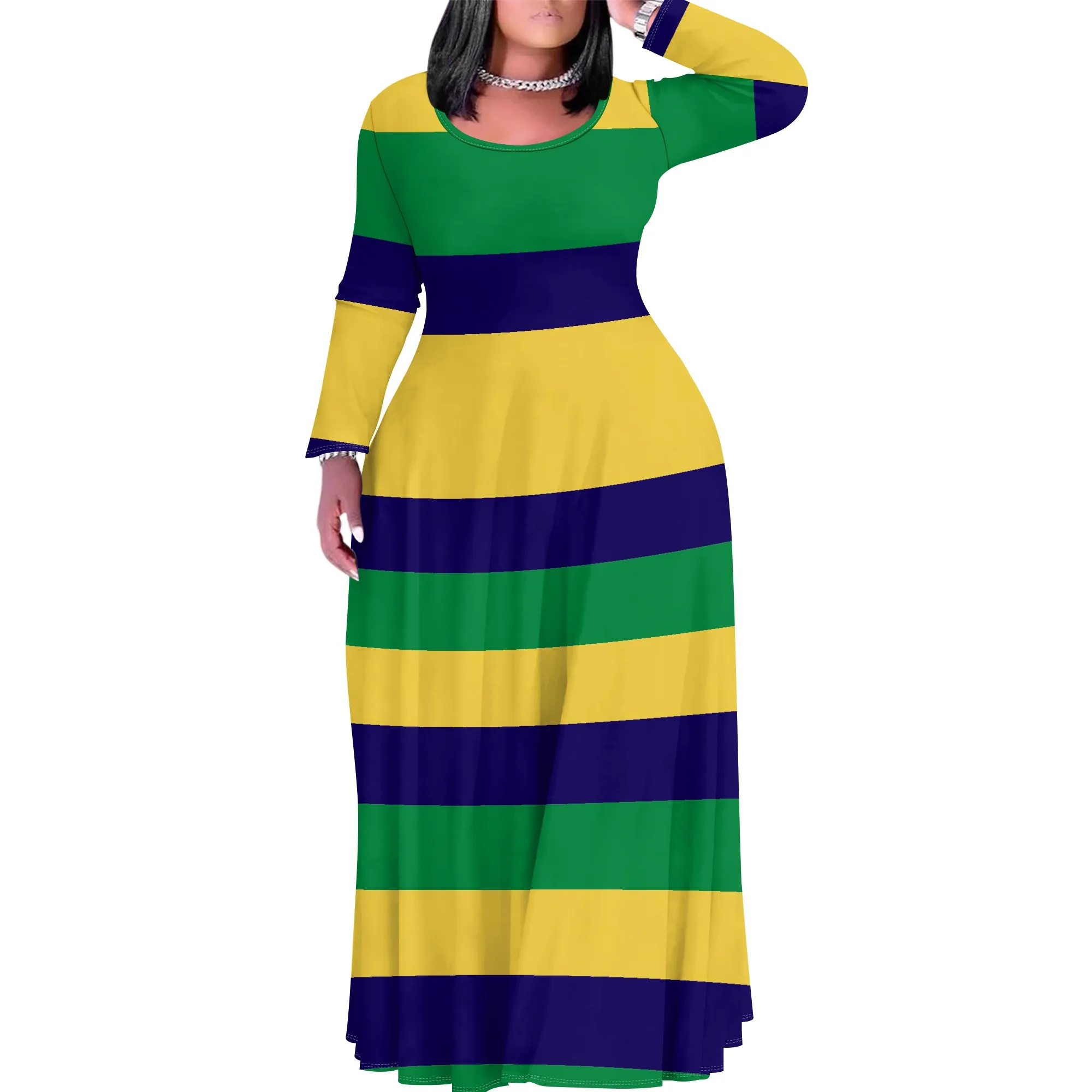 

Women's Summer/Fall Fashion Printed Long Sleeve Splits On Both Sides Maxi Dress Round Neck Long Sleeve Maxi Dress