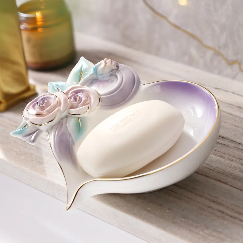 WHYOU Ceramic Rose Soap Dish Holder Drain Portable Home Bathroom Hotel Soap Box Tray Bathroom Accessories Crafts Wedding Gift