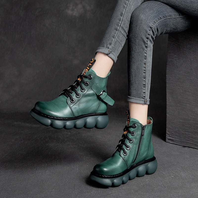 Careaymade-Genuine Leather Retro casual boots with belt buckle single cowhide thick soled cake women's shoes warm short boots