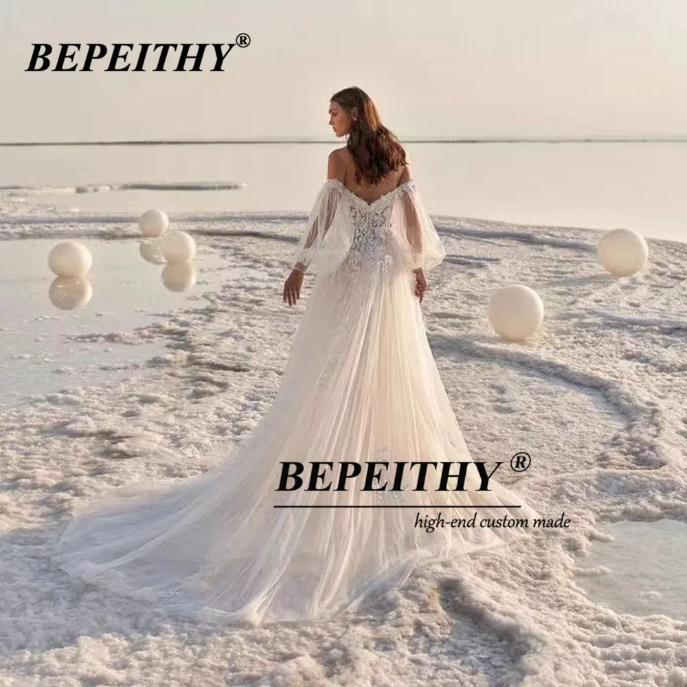 BEPEITHY Boho Hochzeit Kleid Weg Von Der Shuolder Vestidos De Novia Lange Ärmel Spitze Sexy Strand Brautkleid 2023 Robe De mariée