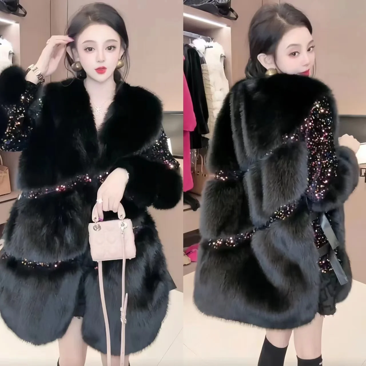 Faux Fur Coat for Women, Turn-down Collar Jacket, Loose Spliced Overcoat, Covered Button, Sequins, Female, New, Winter