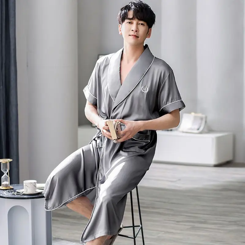 Hot Summer Plus Size Short Sleeve Ice Silk Satin Robes for Men Korean Loose Sleepwear Bathrobe Male Homewear Lounge Home Clothes