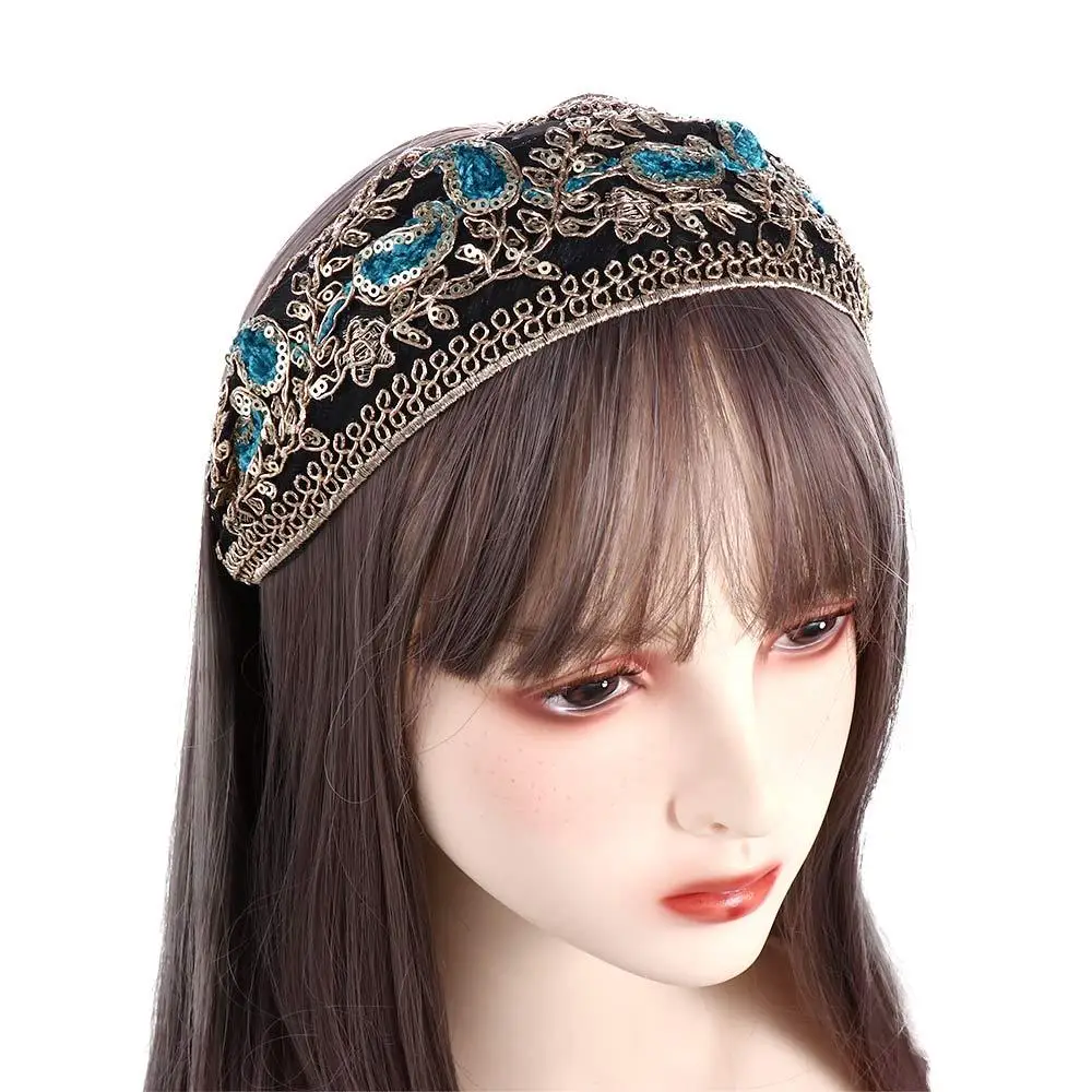 Retro Elegant Sequins Wide Edge Sweet with Tooth Headdress Korean Style Headband Female Hair Hoop Lace Embroidered Headband