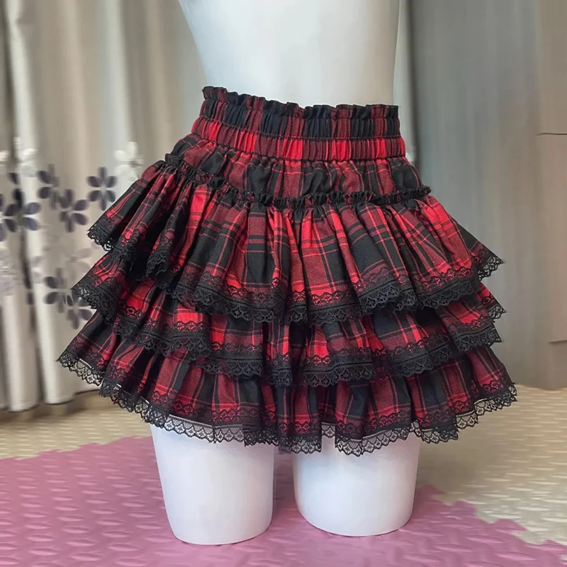 Y2K Subculture Mini Skirt Women Summer Red Black Plaid Lace Patchwork Skirts High Waist Streetwear Harajuku Hottie Cake Skirt