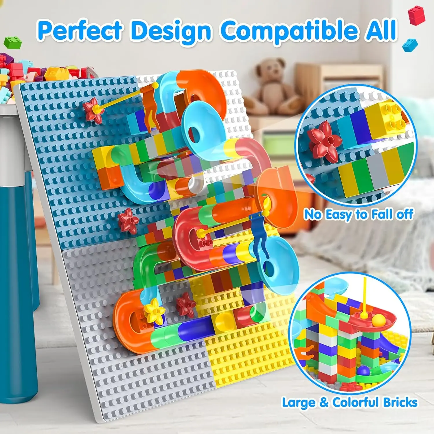 Kids Table and Chair Set: Activity Table with 152Pcs Large Marble Run Building Blocks 4 Chairs Storage All in One Play Sensory T