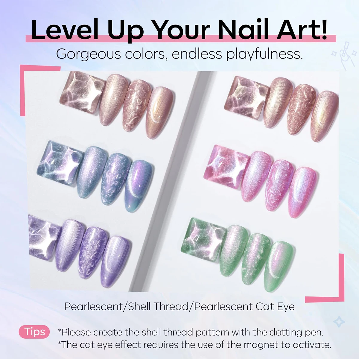 6色マグネットキャッツアイジェルネイルポリッシュセット ピンクUV LEDソークオフジェルヴァーニッシュ クリスタルキャッツアイジェルラッカー ディスプレイ付き