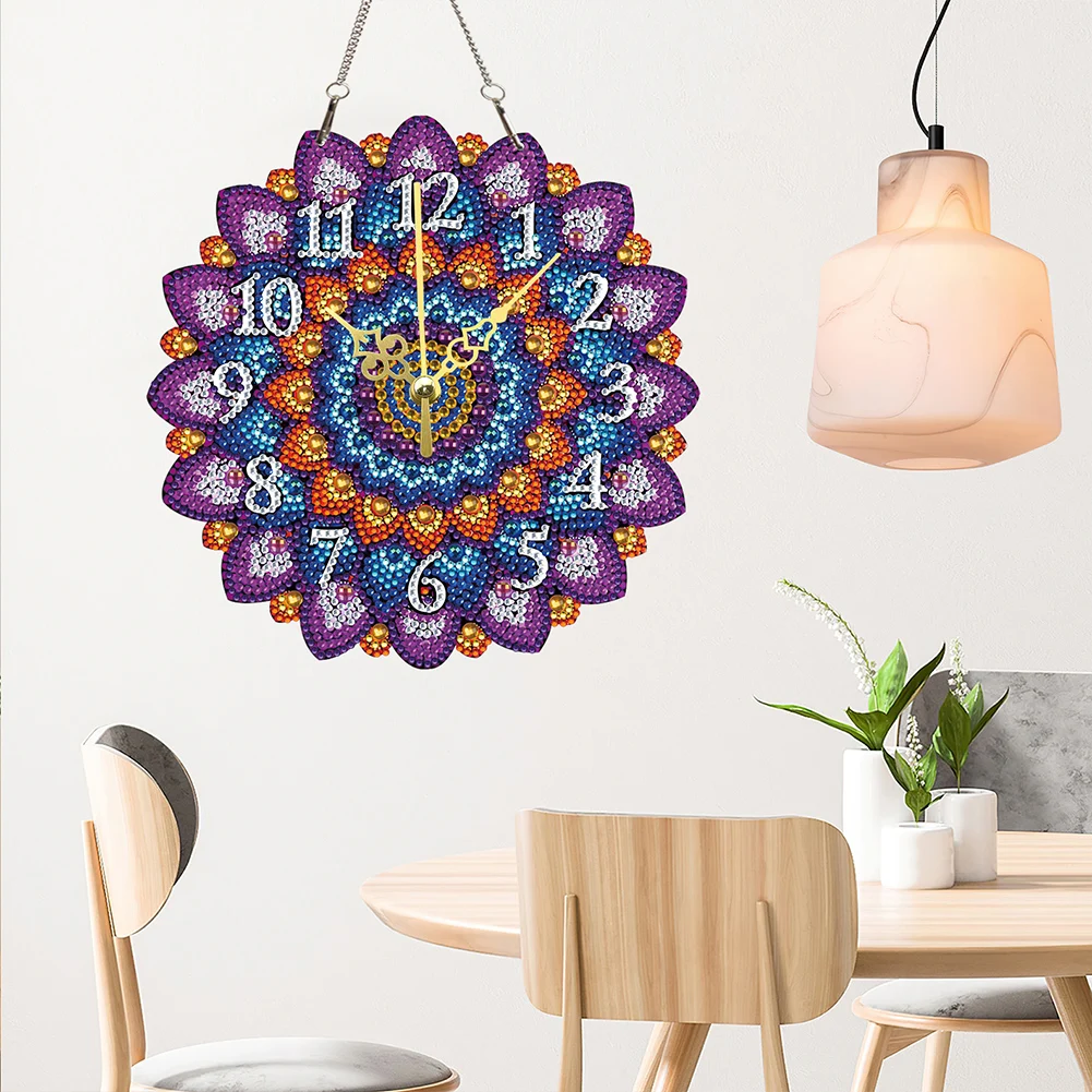 

2D Flat DIY Mandala Wooden Diamond Painting Ornament with Clock Function 5D Hanging Clock Art Craft for Living Room Decoration