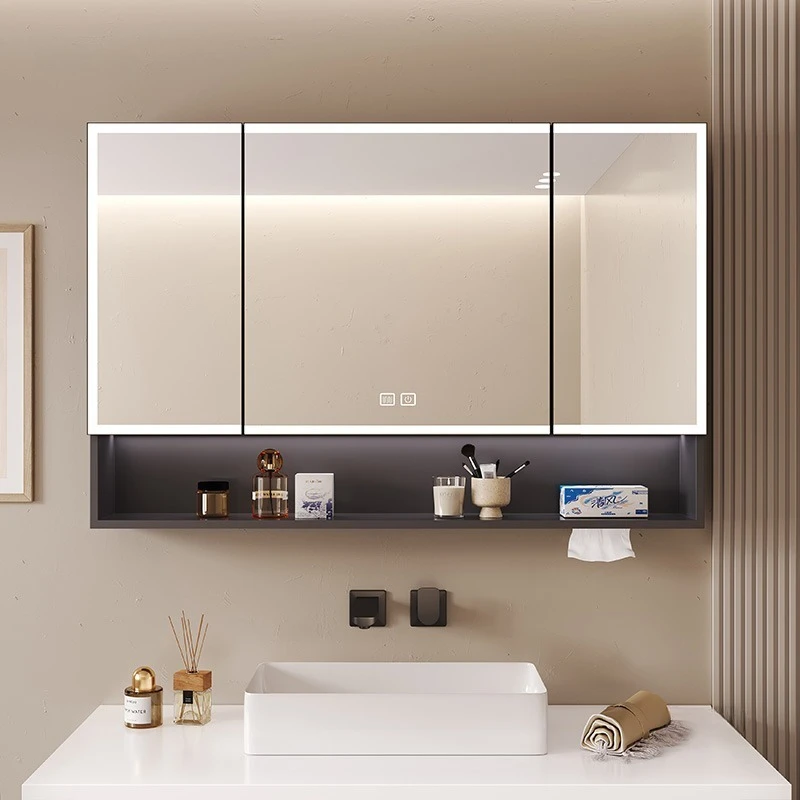 Space Aluminum Bathroom Mirror Cabinet Bathroom Furniture Wall-mounted Mirror Light Integrated Cabinets With Storage Rack