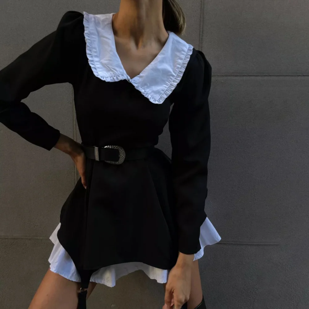 Women Dress Spring And Autumn High-end French Long-sleeved Doll Collar Design Sense Niche Fake Two-piece Stitching Black Dress