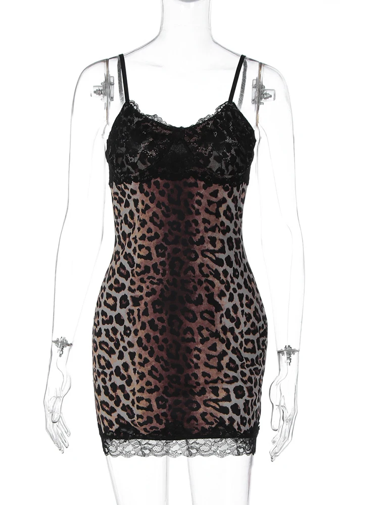 ジュリッサ MO パッチワークプリント レオパード柄 シアーレース レディース ミニドレス スパゲッティストラップ Aラインドレス 秋 スリム エレガント パーティー クラブドレス