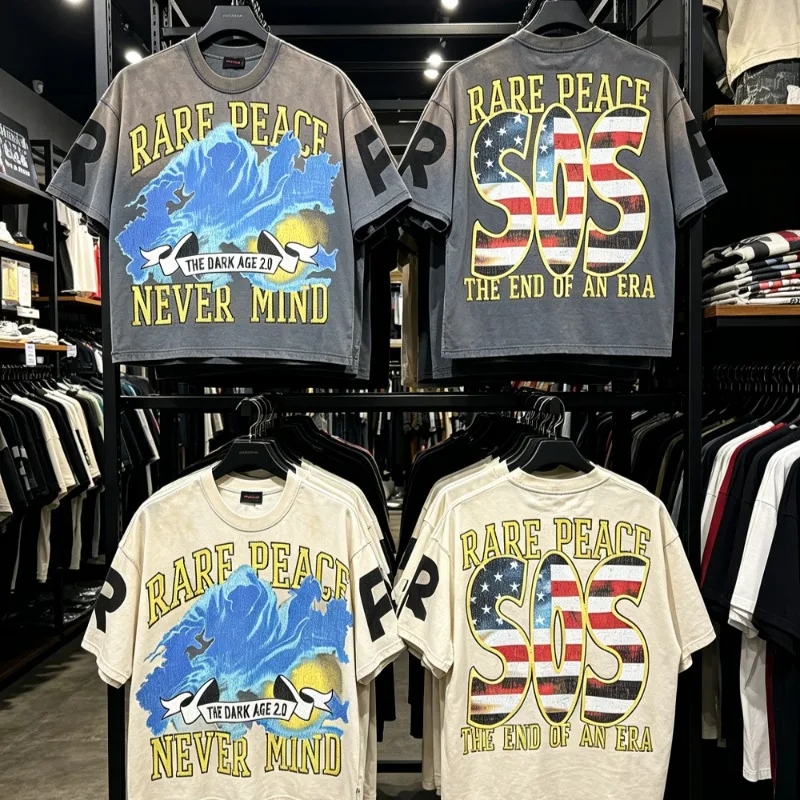 

2026ss Retro RARE PEACE T-shirts High Street Men Woman Casual Cotton Rhinestone Graphic T Shirt