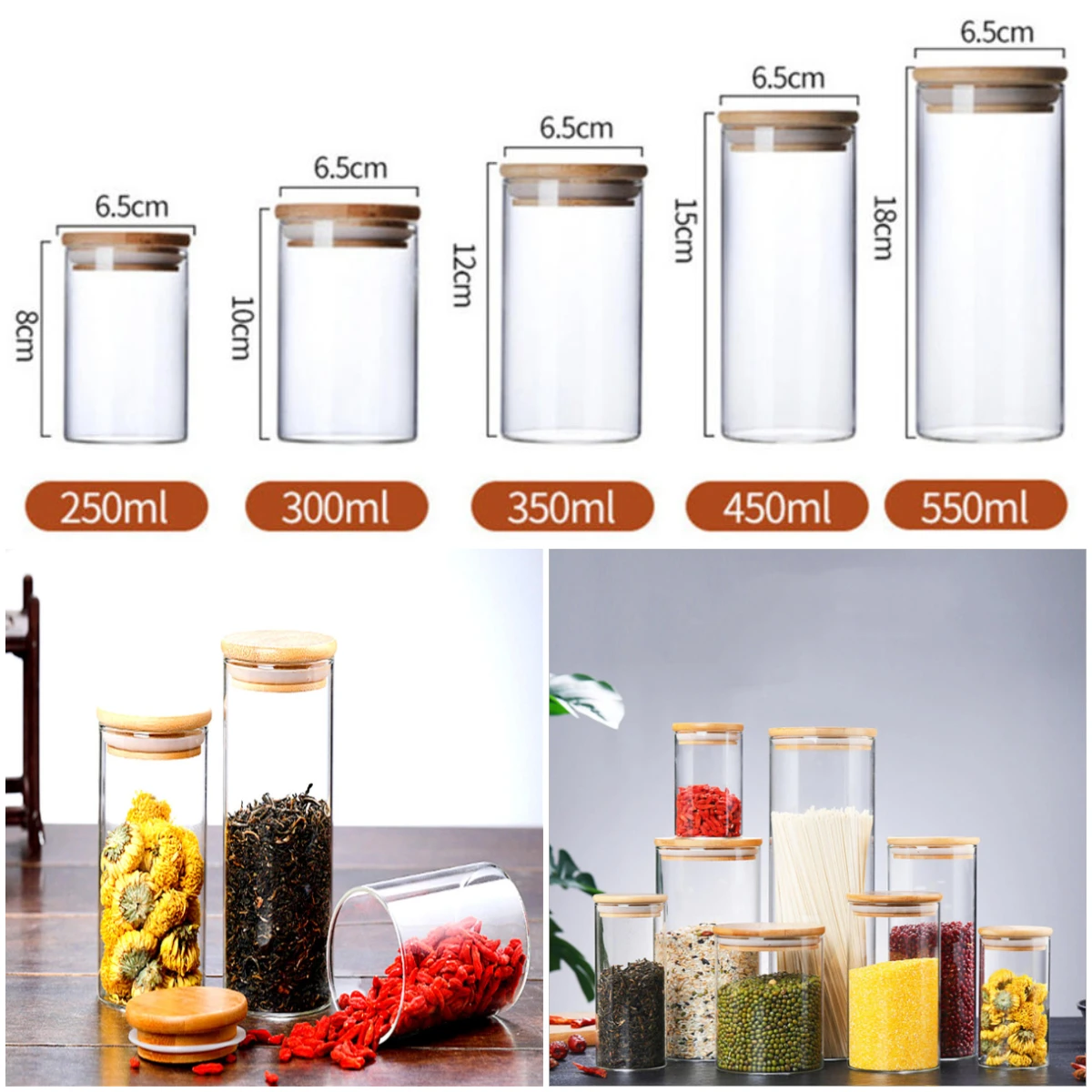 Glass Jar with Bamboo Lid, Kitchen Sealed Storage Bottles, Tea Coffee Bean Container, Spice Organizer, 250 ml, 300 ml, 350 ml