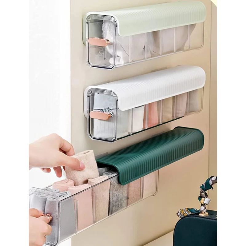 

Socks Underwear Wall Mount Organizer, Switchable 6 Cell Drawer Acrylic Organizers Self-Adhesive Anti Dust Storage Boxes f