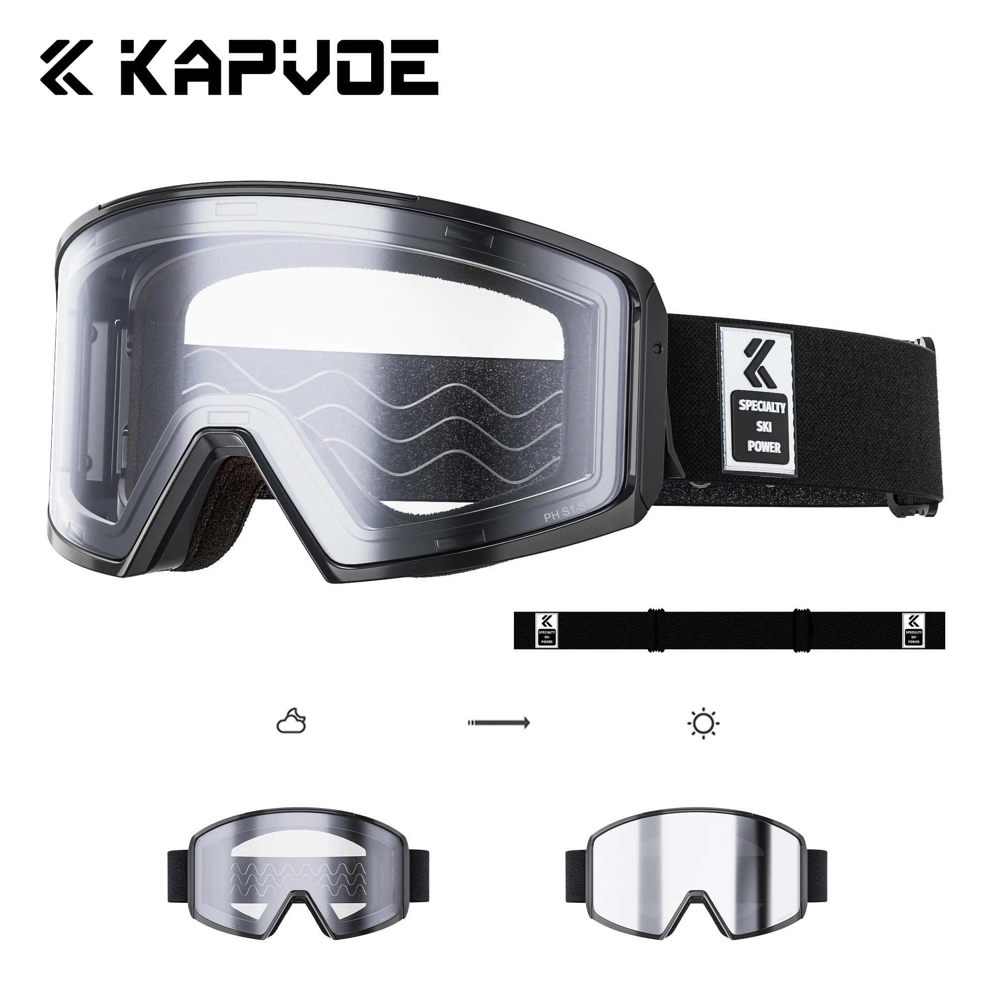 

Kapvoe Photochromic Snow Ski Goggles Snowboarding Skiing Mask Men Women Anti-Fog Lens Kit UV400 Protection Snowmobile Glasses