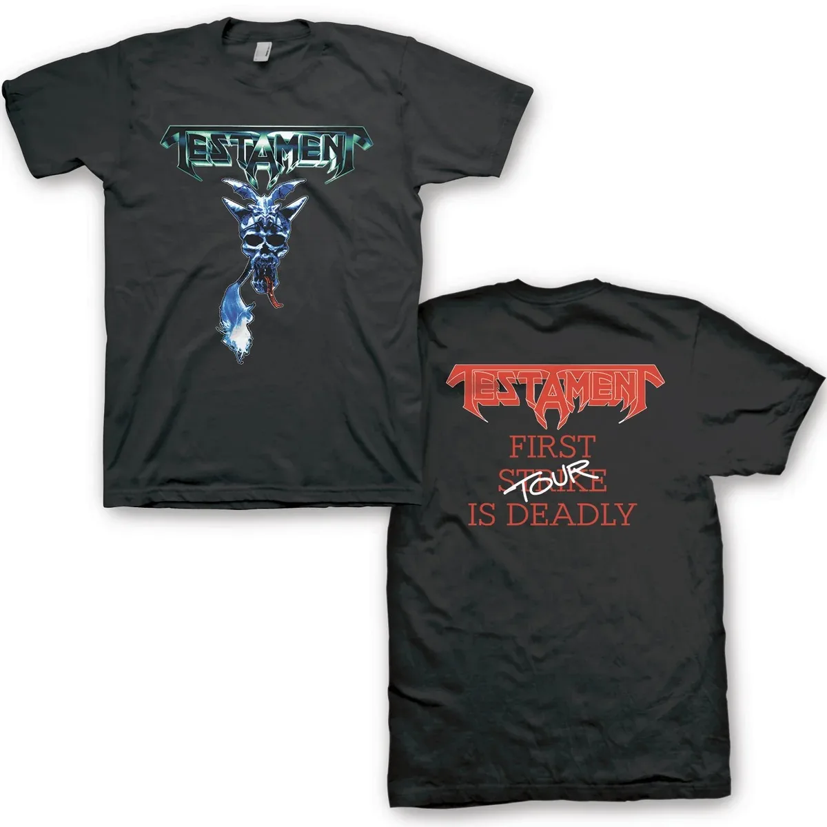 Testament Dark Fantasy Fallen Angel Art Print T Shirt, Vibrant Red Winged Devil Painting and Sharp Retro Band Lettering