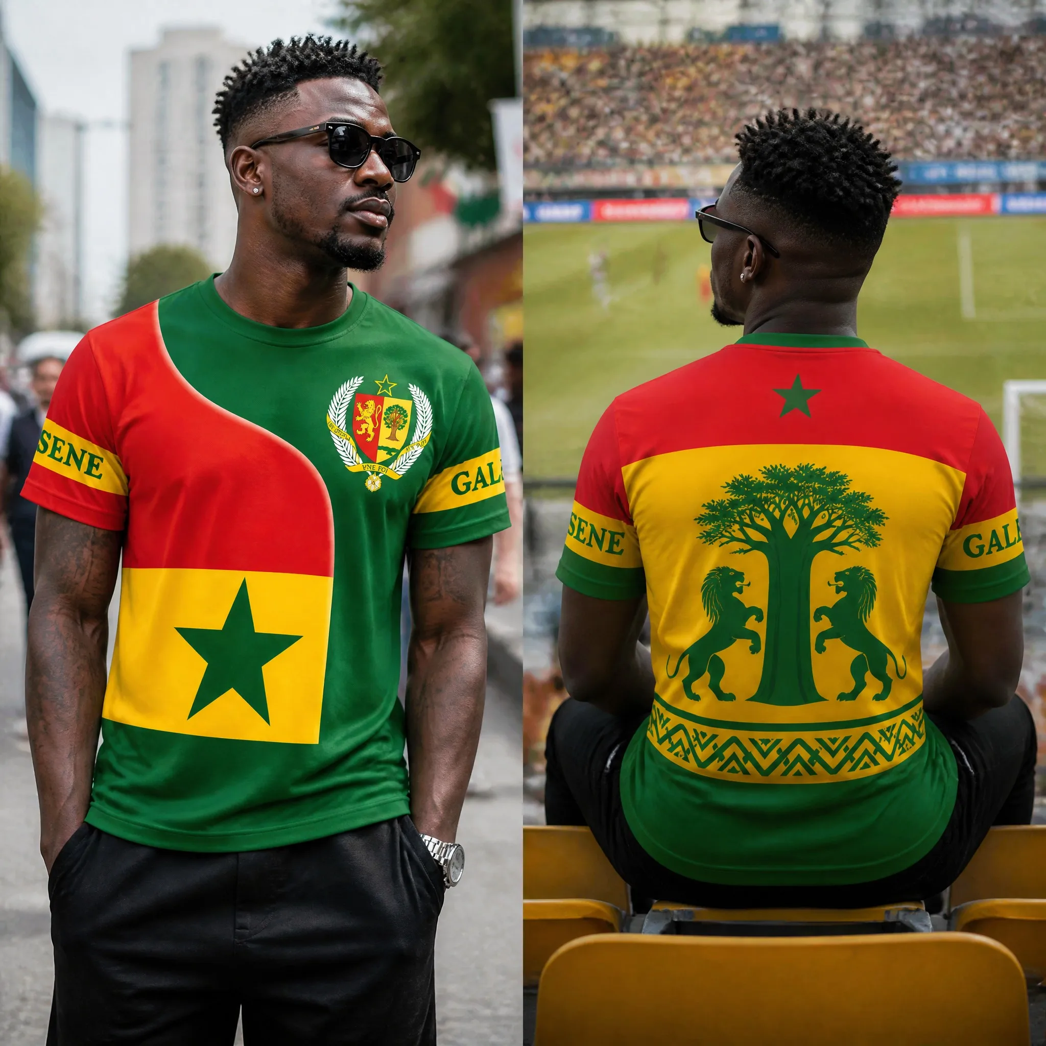 Senegal Mens Crest Tree Graphic Tee Green Flag Panel Shirt Short Sleeve Football Fan Top Street Stadium Casual Wear Summer Style