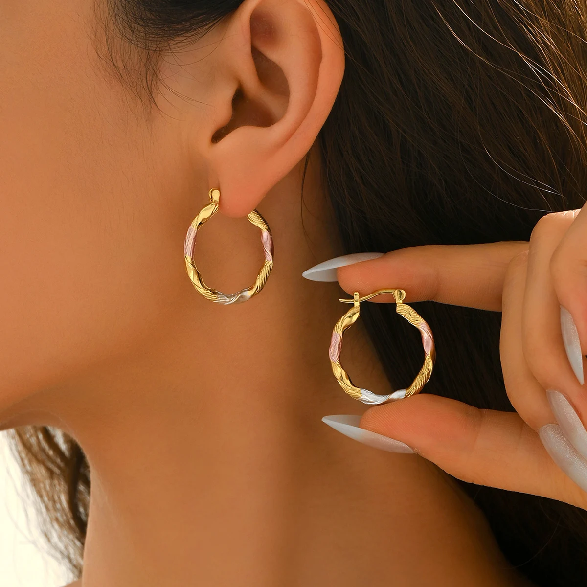 Fashion Tri - Color Twisted Hoop Earrings Gold - Toned & Pastel Accents Earrings Chic Casual Style Daily Wear Jewelry