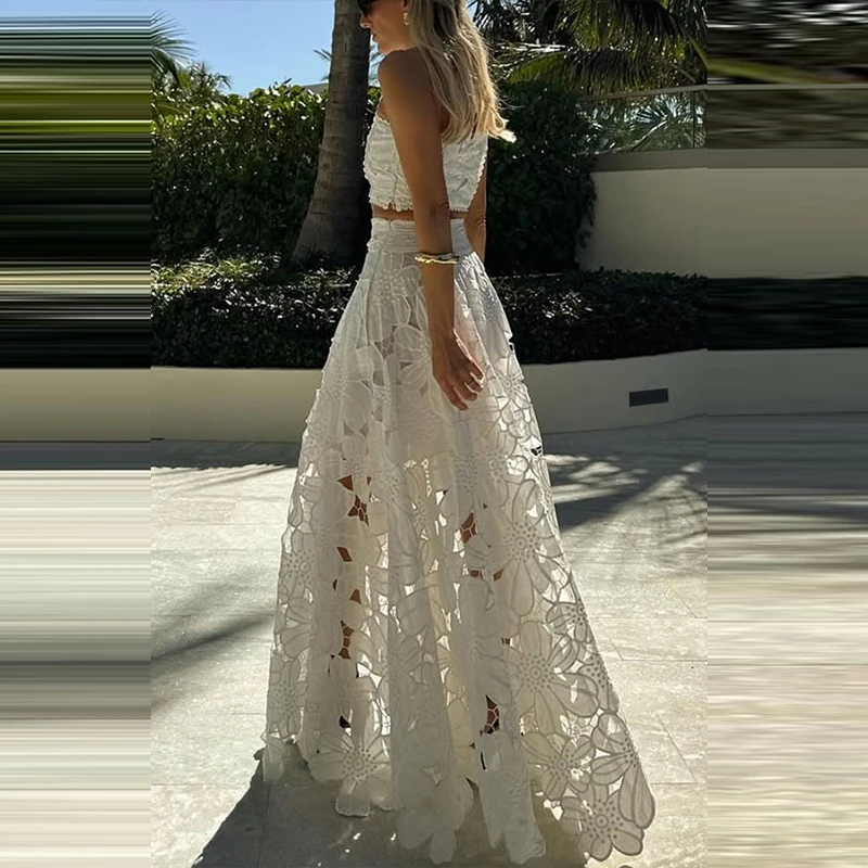 

Women's White Embroidery Crochet Hook Hollow Party Skirt suit Elegant Temperament Sleeveless Top And Long Skirt Lady Chic Set