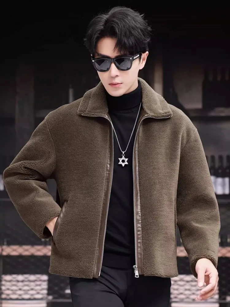 Winter Mens Warm Real Sheep Fur Jacket Zipper Business Casual Work Natural Wool Coat Vintage Designer Slim Fit Thick Overcoat