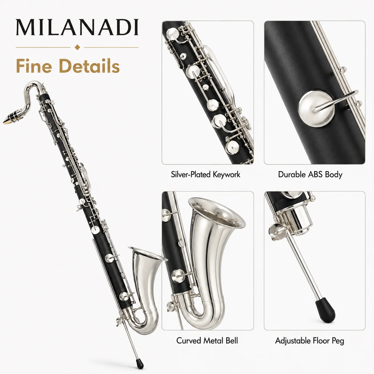 Professional Bass Clarinet ABS Body Low E Bb Tuned Silver Plated Keys Music Instrument