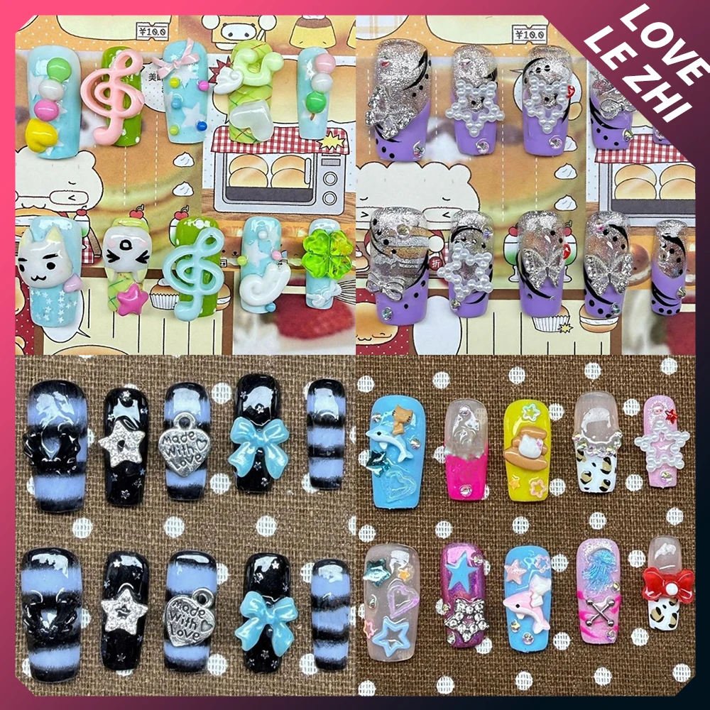 

10Pcs Kawaii Cartoon Handmade Acrylic Party Nail Sticker Spicy Girl 3D Bow Pearl Pentagram Diamond Reusable Fake Nails Gift