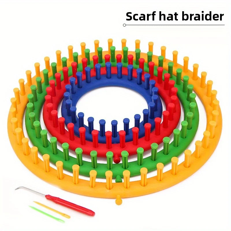 4Pcs Circular Knitting Machine Set, Includes 1 Plastic Knitting Machine Craft Kit Tool, with 2 Yarn Needles and 1 Crochet Hook, 4 Sizes to Choose From: 14cm , 19cm , 24cm , 29cm , for Knitting Hats, Scarves, Shawls, and Socks