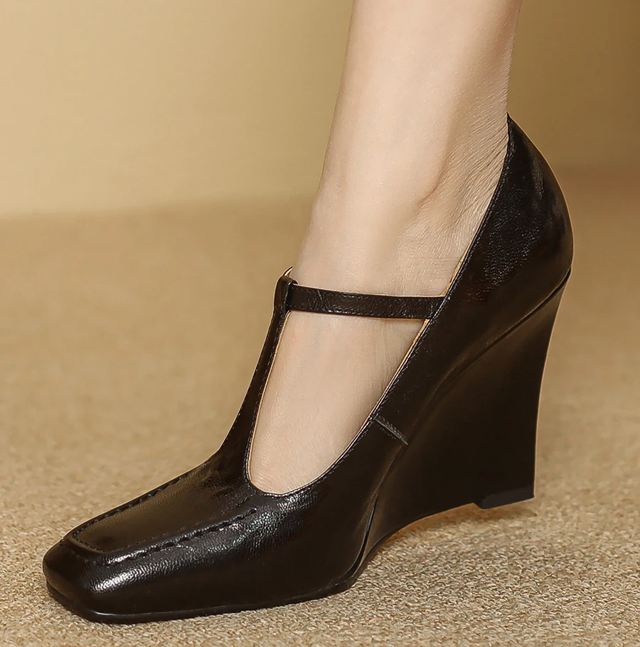 EAGSITY 2025 New design 9cm heel mary jane women wedge heel shoes pointed toe pumps high heels office lady shoes