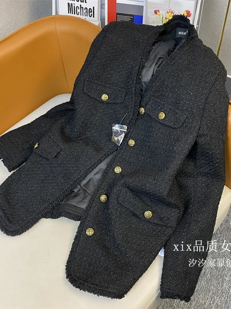 

New Black jacket women's high-end V-neck mid length woolen top Coats