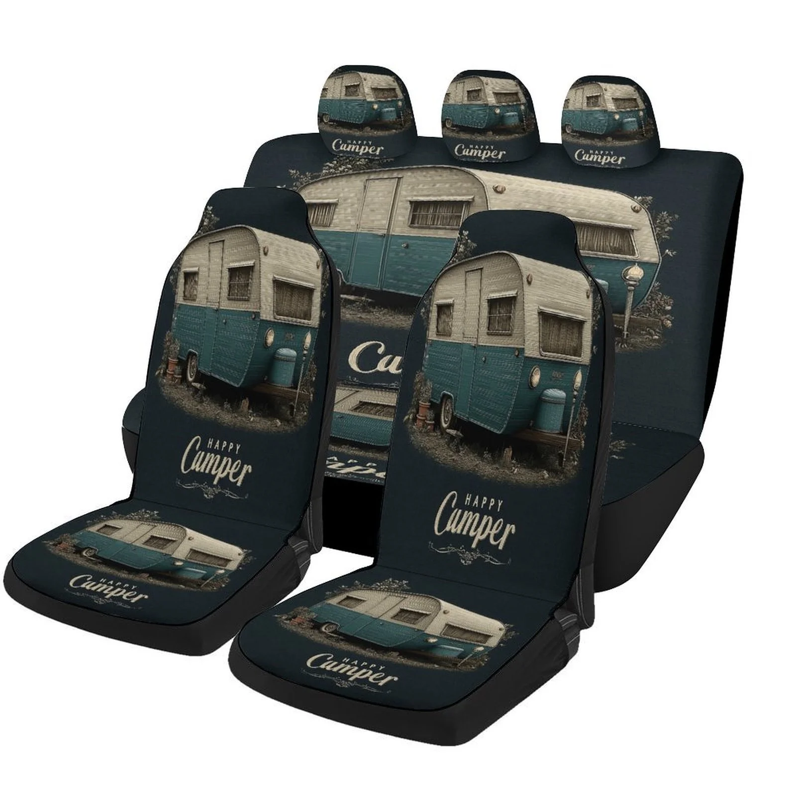 Happy Camping Themed Car Seat Cover Set For Most Cars, Trendy High-quality Car Seat Protector Covers Full Set, Universal Car Sea