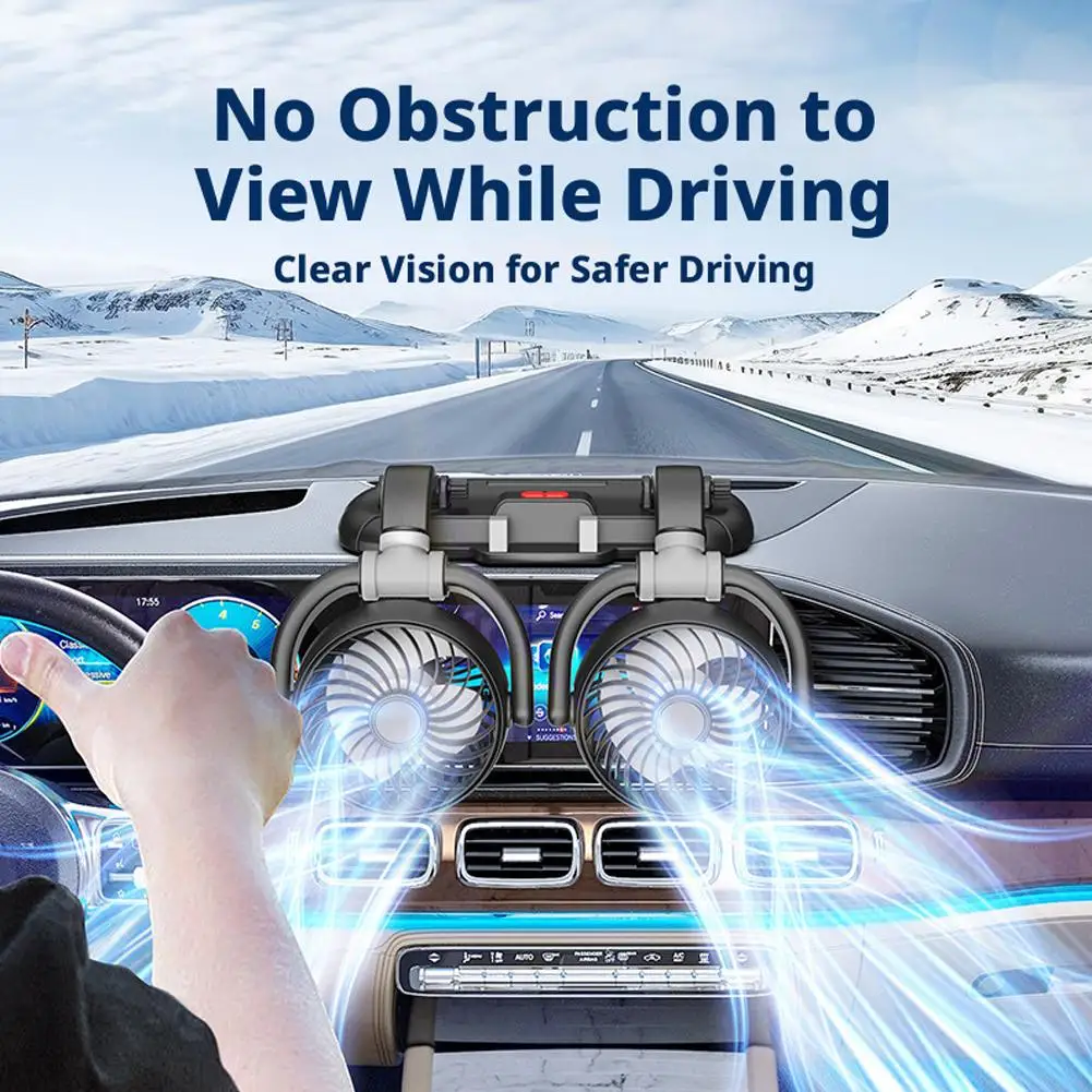 360° Rotation USB Car Cooling Fan with Phone Holder Compact Desk/Car Dual-Use Fan Adjustable Dual Function Car Fan Phone Bracket