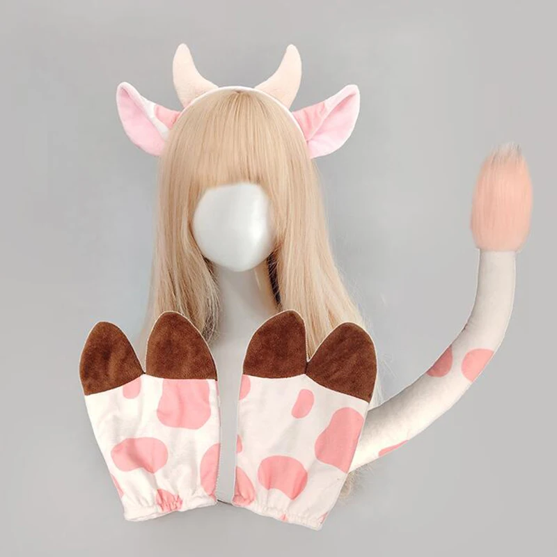 Komplettes Set Plüschtier-Kostüm-Requisiten – Stirnband + Schwanz + Hufhandschuhe Kuh Giraffe Hirsch Cosplay-Zubehör Halloween-Kopfbedeckung Lolita