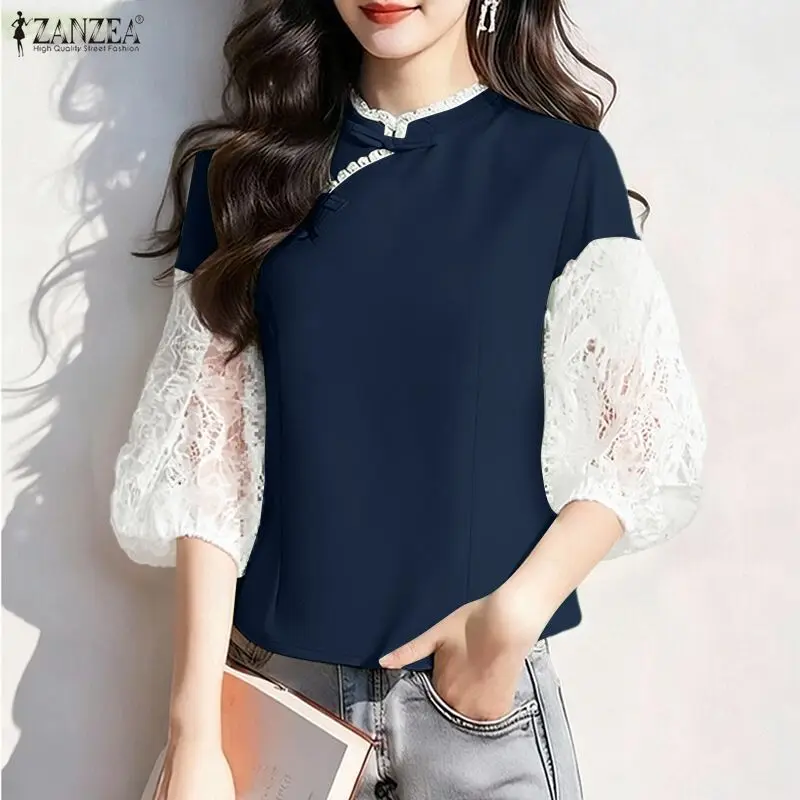 

ZANZEA 2026 Autumn Lace Patchwork Shirt Women Stylish Hollow Out Blouse Spring 3/4 Sleeve Work Tops Buttons Blusas Chinese Style