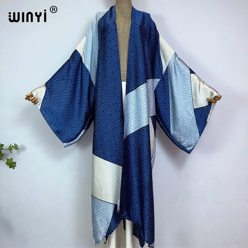 WINYI Africa Classic pattern print sweet lady beach Bohemian long Cardigan Cover-up stitch Casual Boho Maxi Holiday party kimono