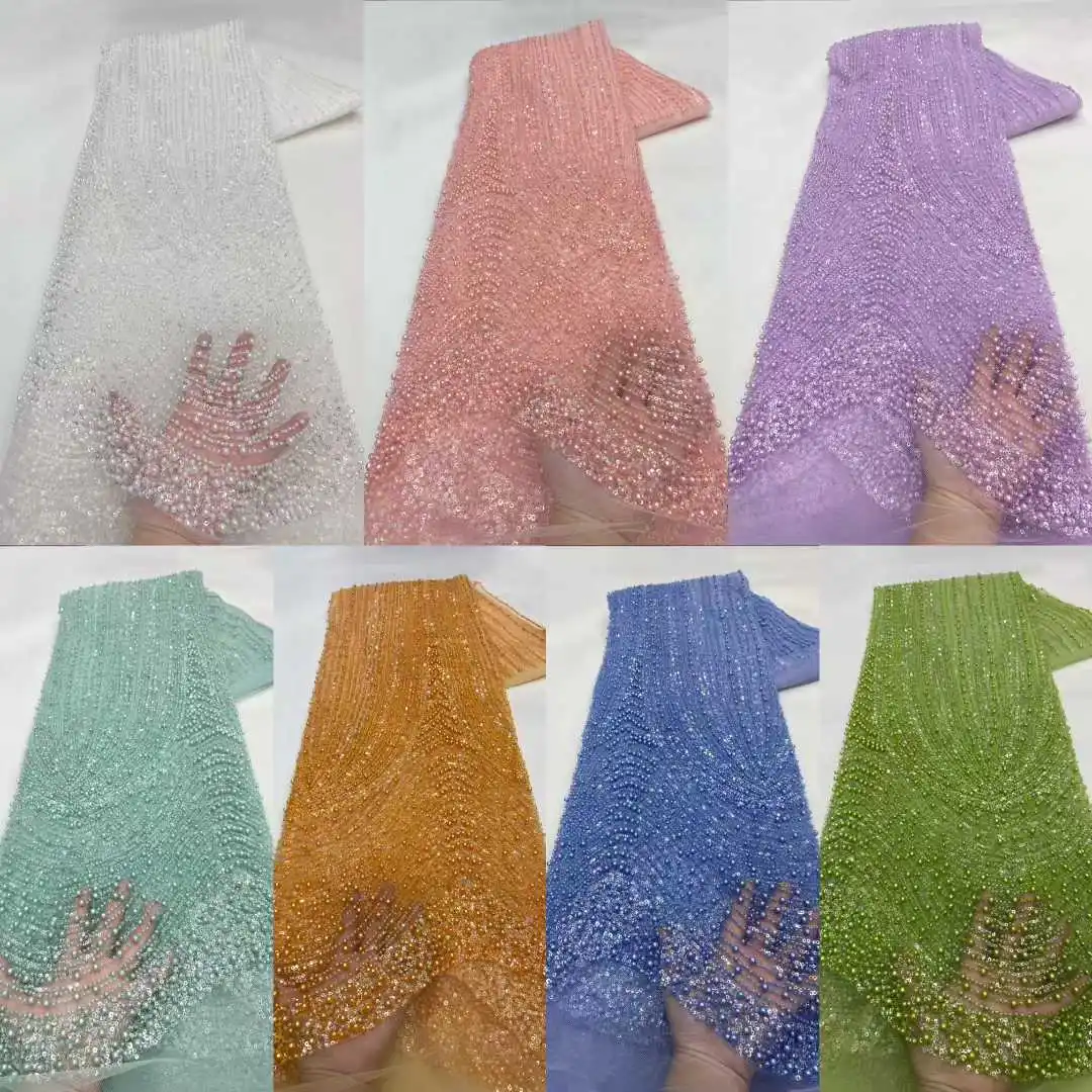 Tela de encaje con cuentas pesadas hecha a mano africana de lujo verde menta, encaje de tul con lentejuelas francesas de alta calidad para vestidos de novia CC1690