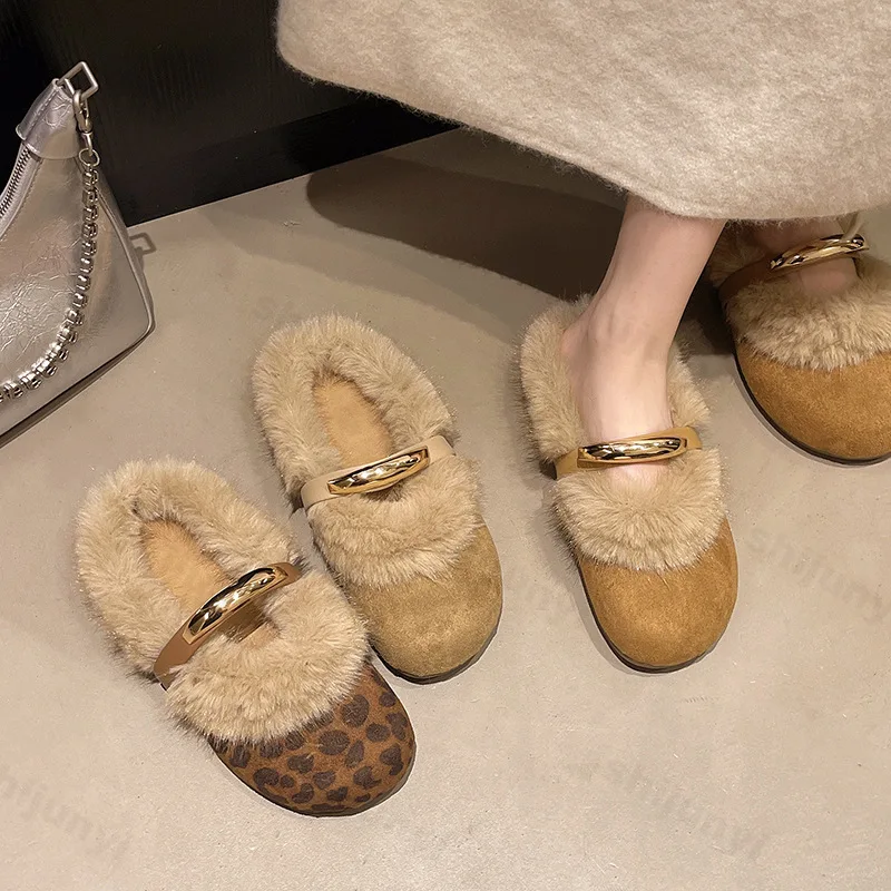 

Luxury Women Cotton Slippers Autumn Winter Thicken Plush Non Slip Mary Jane Shoes Fashion Metal Decoration Comfort Casual Shoes
