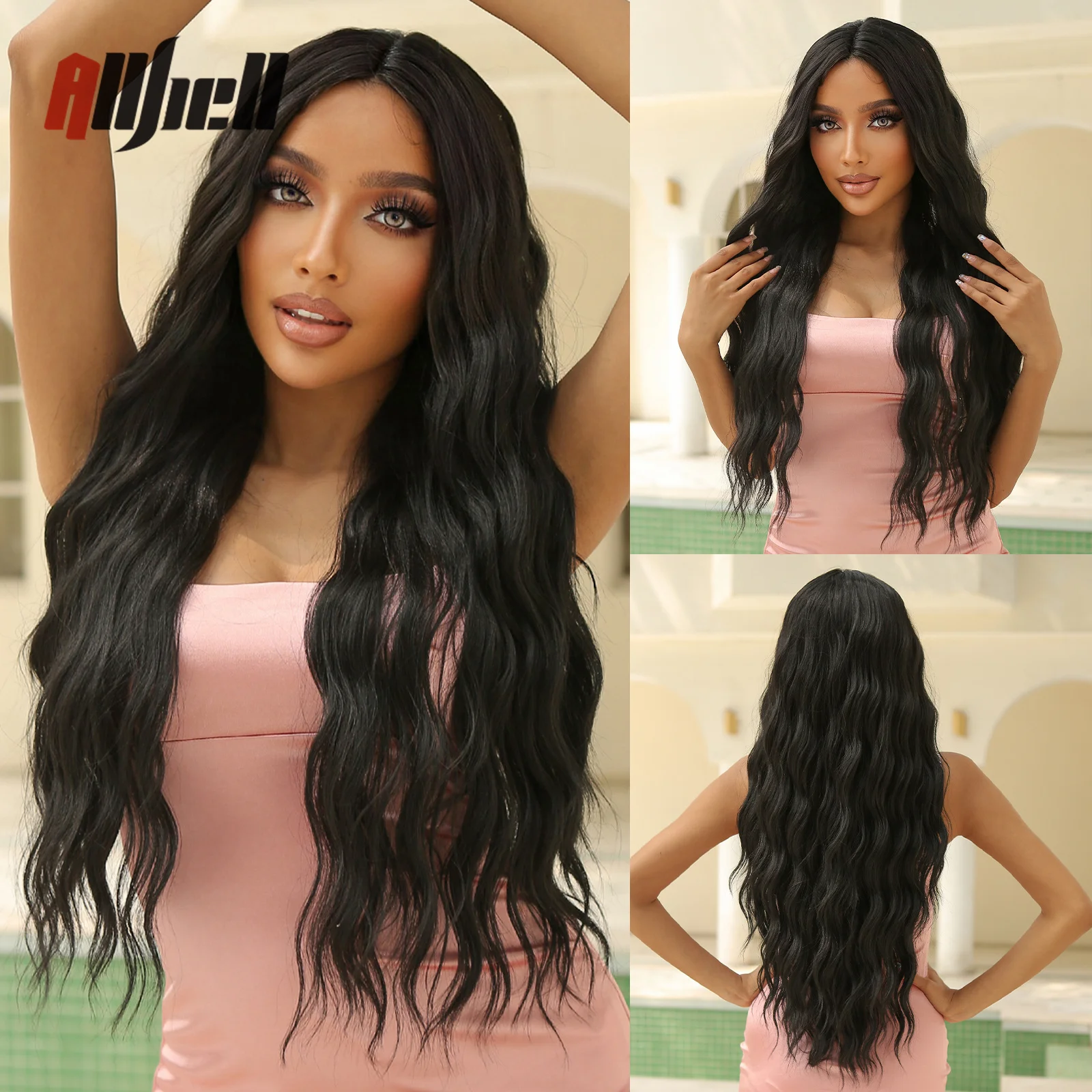 Peluca larga ondulada con malla frontal negra Natural para mujer, cabello rizado sintético para Cosplay, pelucas diarias, parte media, fibra resistente al calor