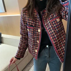 Elegant Weave Plaid Women Blazer Pocket Plus Velvet Winter Causal Tweed Coat Office Ladies Suit Jacket