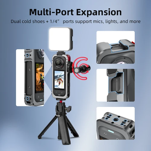 Imagen 2 del producto Funda protectora de aluminio para Insta360 X5, marco de cámara, jaula para conejos con cubierta de lente de silicona, zapata fría para accesorio Insta 360 X5