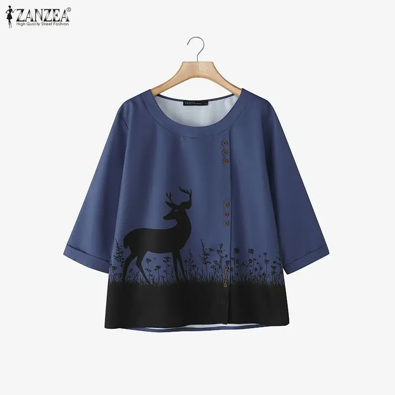 ZANZEA Camicette con maniche a 3/4 da donna casual Primavera Estate O-Collo Cartoon Deer Stampa Bottoni Top Abbigliamento quotidiano Abbigliamento donna 3XL