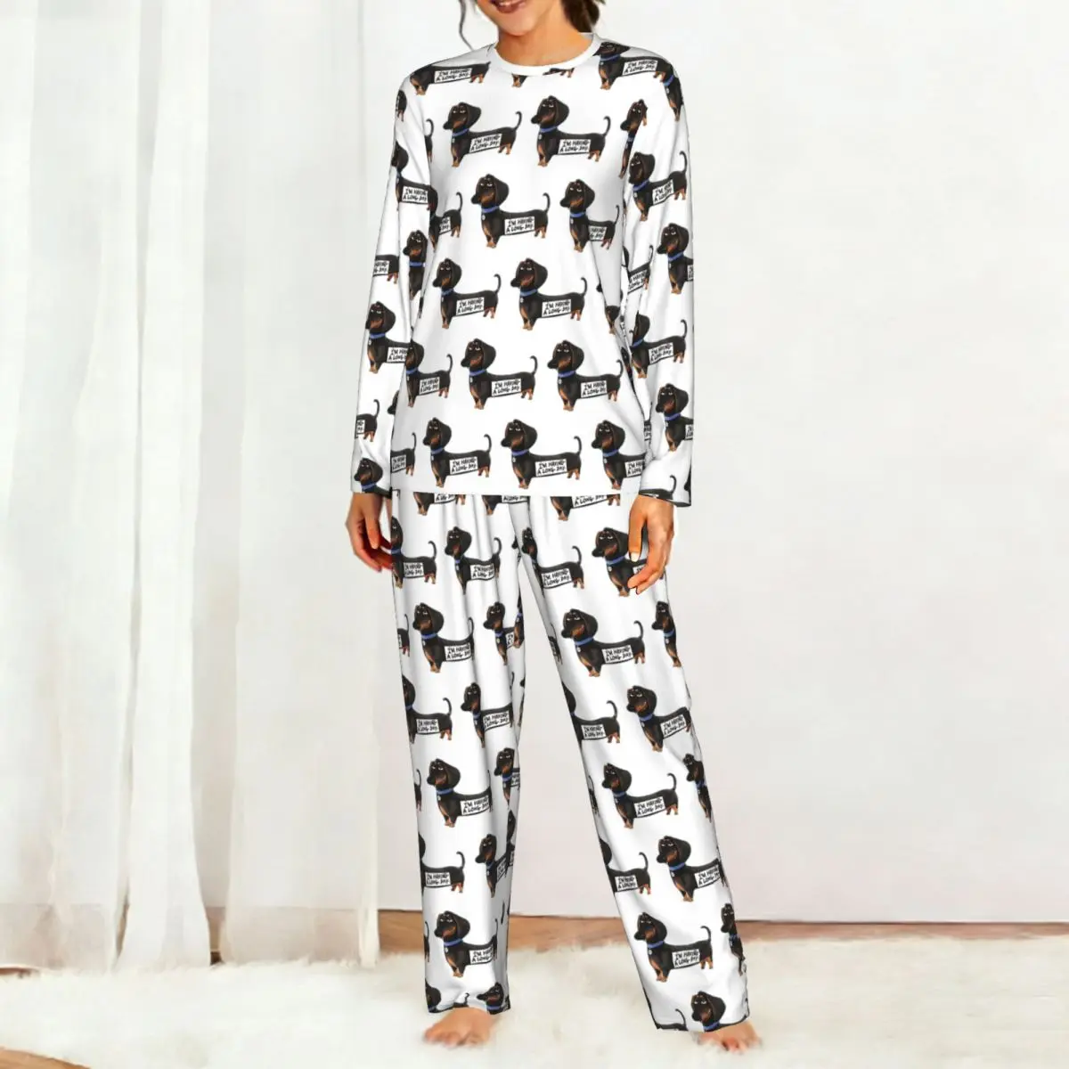 Dachshund Dog Funny Pupy Round Neck Long Sleeves Nightdress for Sleeping Sleepshirts Women Loose Pajama Set Long Pants