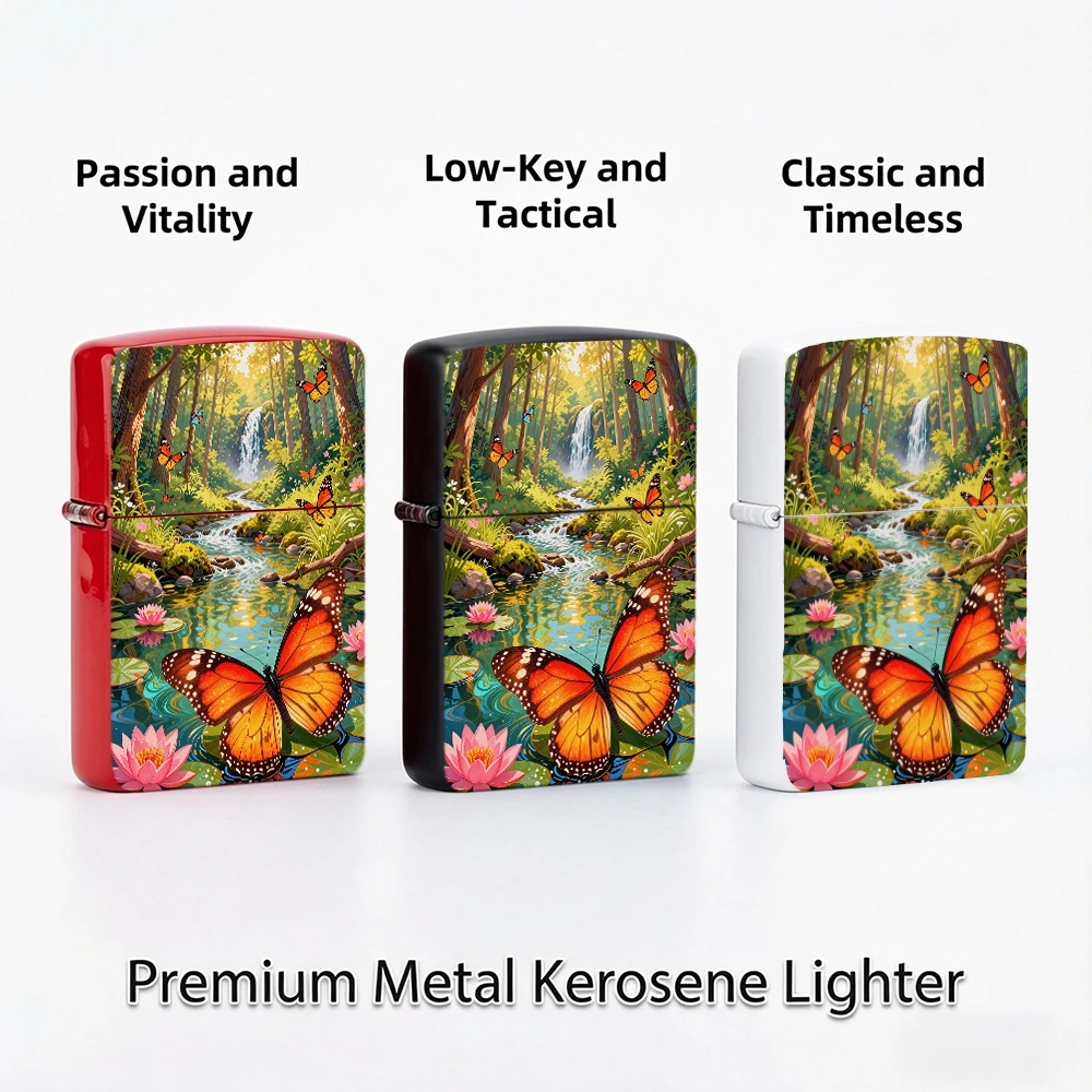 Flip Top Lighter Monarch Butterfly Forest Stream Lotus Nature Art Pattern lighters vintage lighters for smokers Nature Style