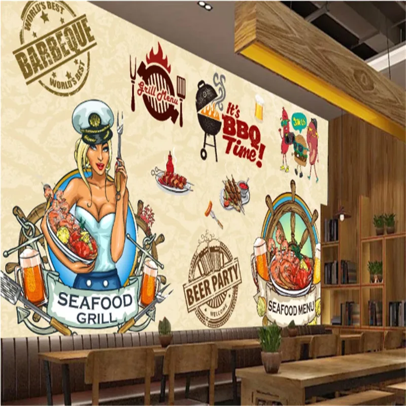 

Custom Beer Party Barbecue Seafood Wall Paper 3D BBQ Restaurant Snack Bar Industrial Decor Mural Wallpaper Papel De Parede 3D